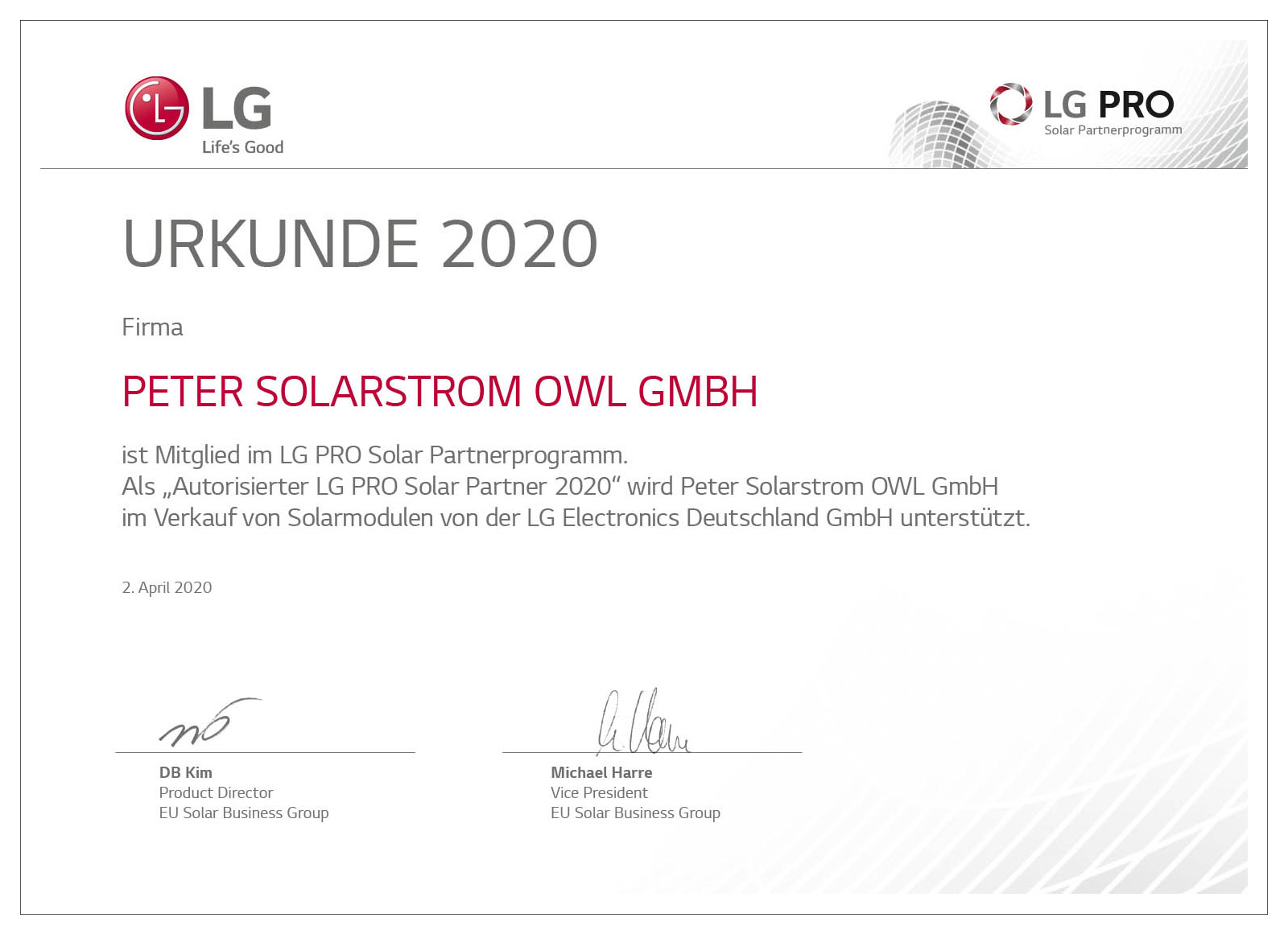 Peter Solarstrom OWL | News | LG PRO Autorisierter Partner Urkunde